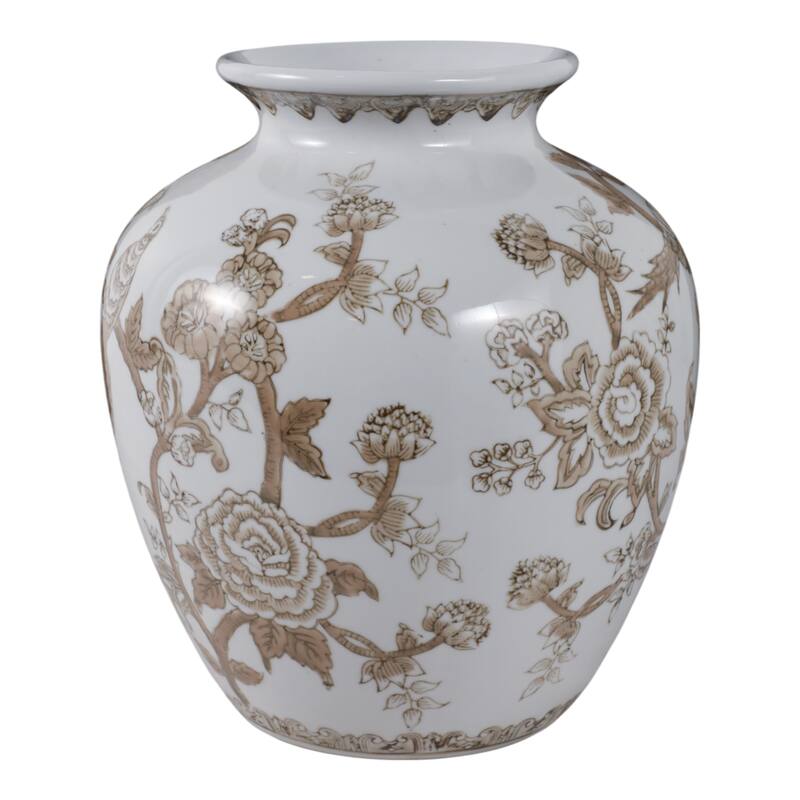 Decorative Ceramic Chinoiserie Flower Vase - White & Brown, 10"