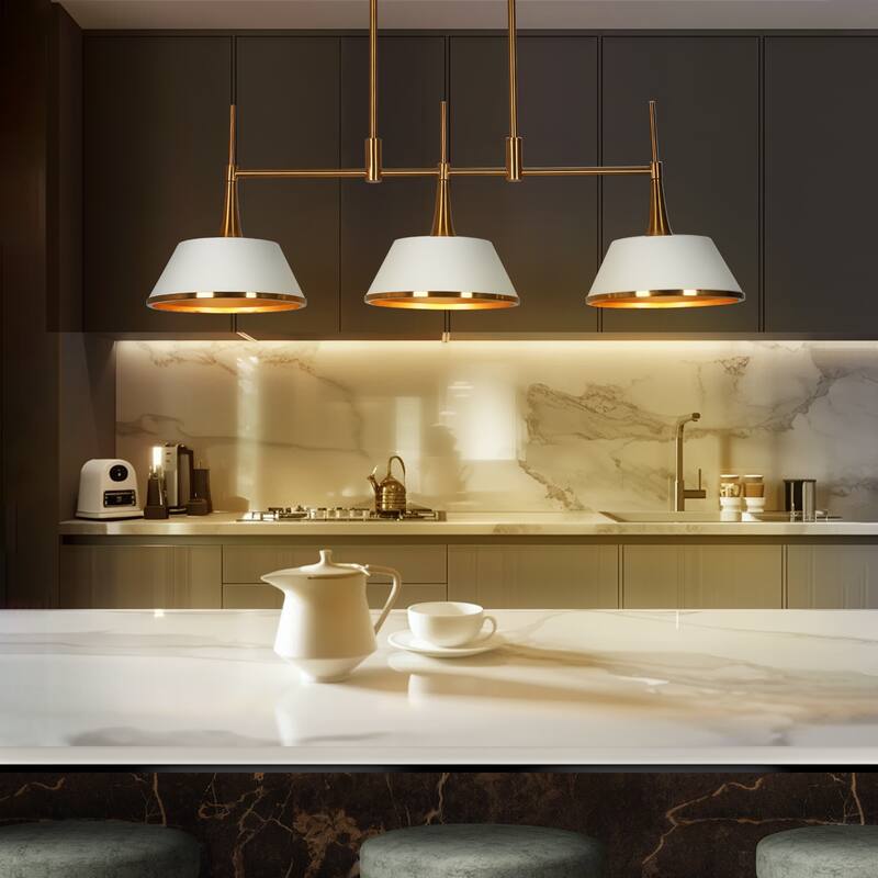 Nisa Modern Gold 3-Light Chandelier Linear Cone Metal Kitchen Island Lights - 34.5'' L x 9'' W x 12'' H