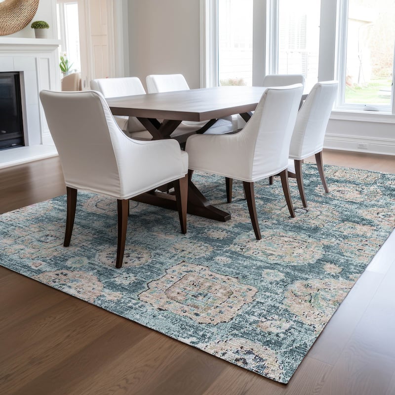 Machine Washable Indoor/ Outdoor Chantille Persian Vintage Rug - Teal - 5' x 7'6"