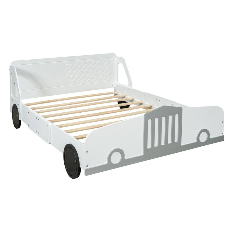 Full Size Car-Shaped Platform Bed with Wheels in White