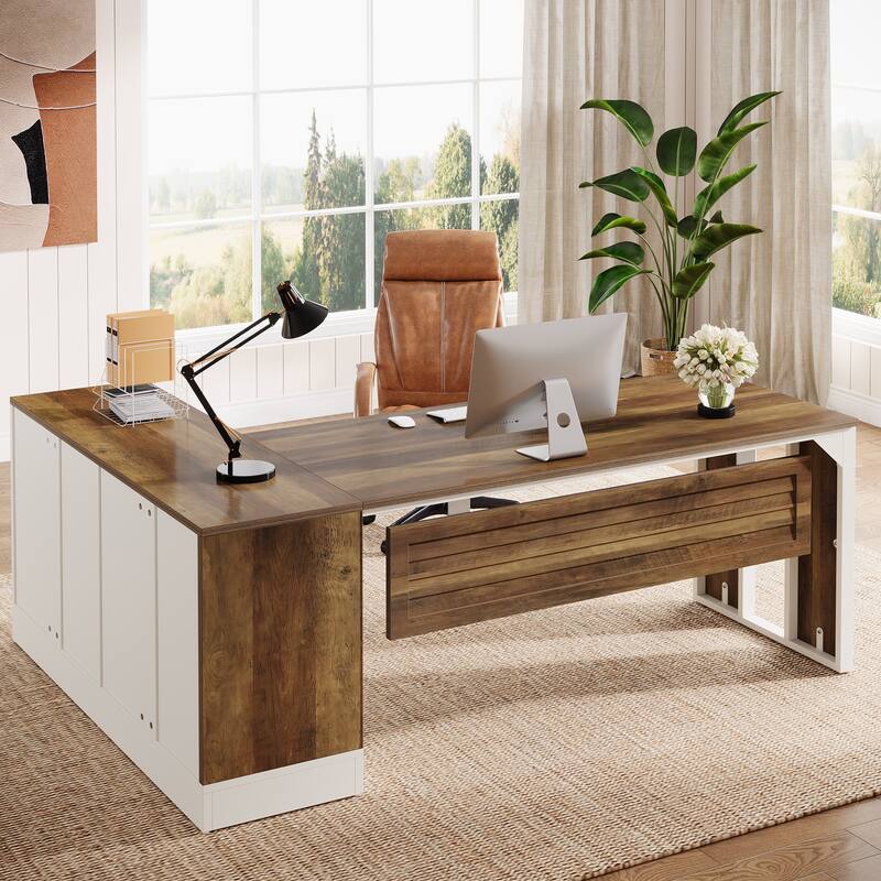 L-Shaped Executive Desk with Cabinet, Large Office Desk Workstation