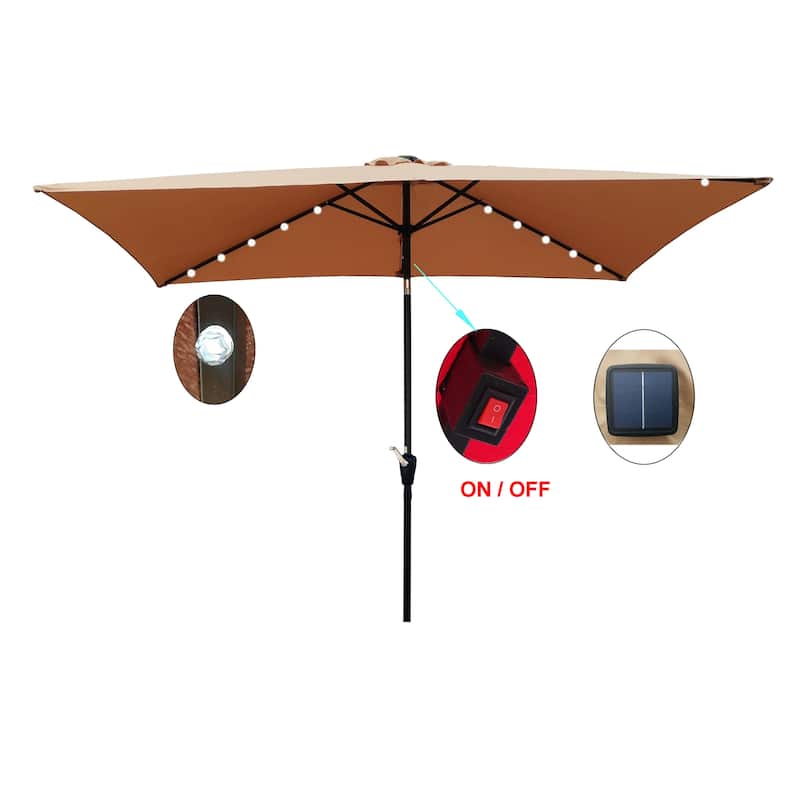 10 x 6.5t Rectangular Patio Solar LED Lighted Outdoor Market Umbrellas with Crank and Push Button Tilt for Garden Shade