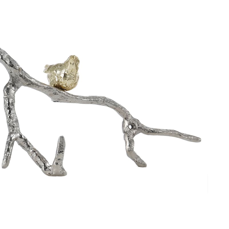 Decorative Wall Hook Branch Shaped with Birds Apogee, Silver and Gold