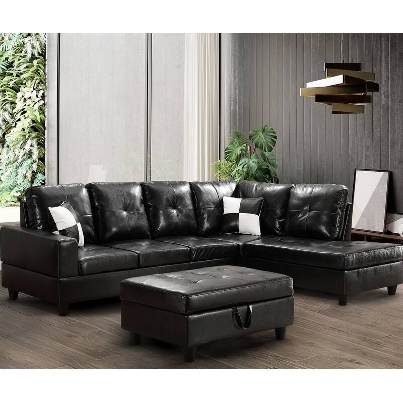 L-Shaped Upholstered 4-Seat Modern Modular Sectional Sofa with Ottoman - Black - Left Facing