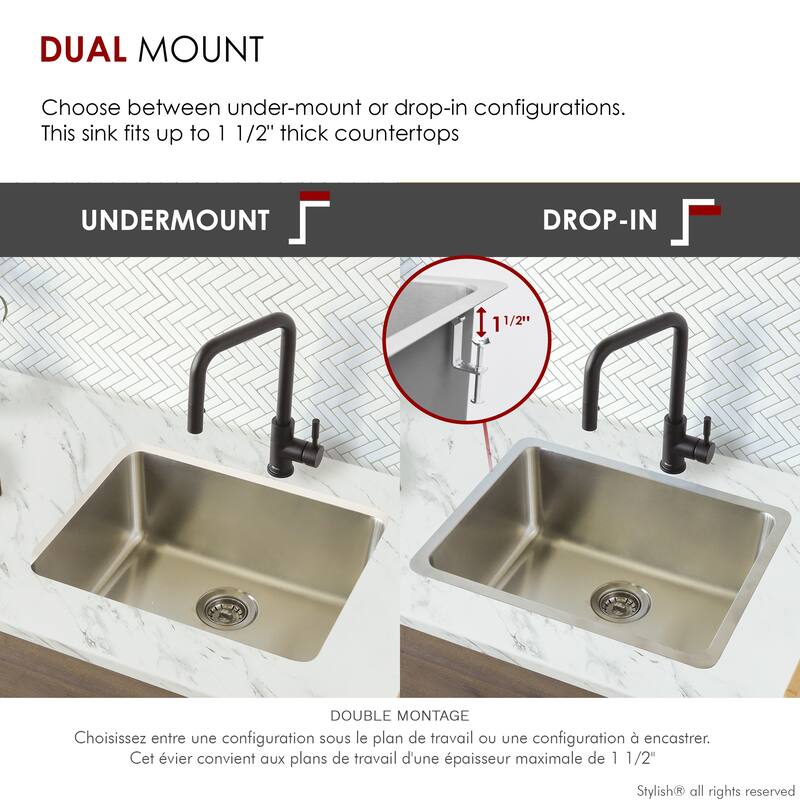 STYLISH 23 inches Dual-Mount Stainless Steel Single Bowl Kitchen Sink - 23" x 18" x 9"