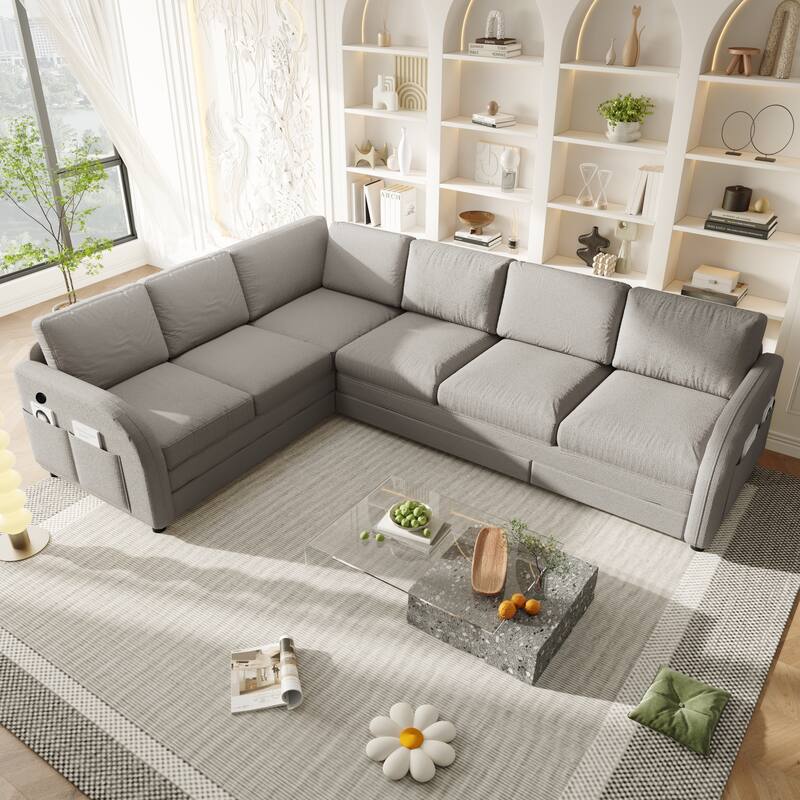 Sectional Sleeper Sofa with Pull Out Bed, Convertible Teddy Fabric Couch with Side Pockets & USB Ports, L Shaped Modular Couches