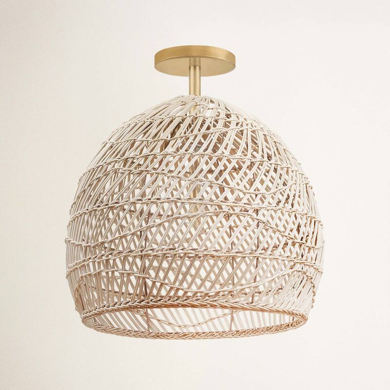 Santana Rattan Pendant Light - Natural Dome 1-Light Handwoven Light Fixture For Modern, Contemporary, Farmhouse Room Decor - 24" - Brass Gold Flush Mount