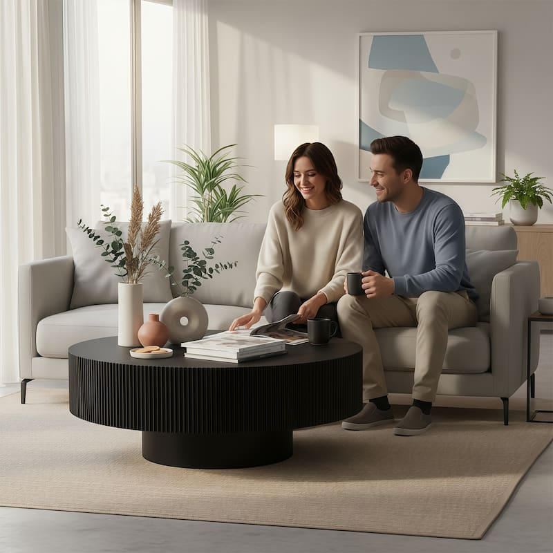 Round Fluted Coffee Table with Sturdy Pedestal, Mid-Century Modern Accent Table for Living Room & Small Spaces