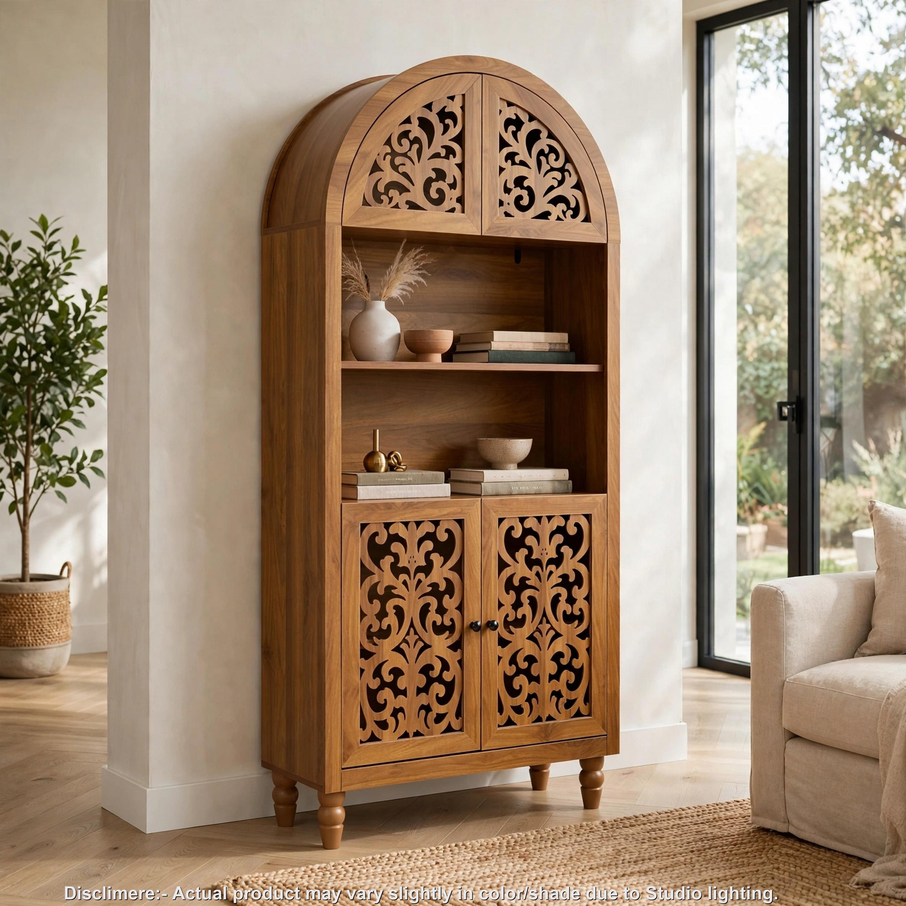 Standard Home Depot Racks Benjara Arched Storage Cabinet, Carved Details, Open Shelves, Walnut 67 ...