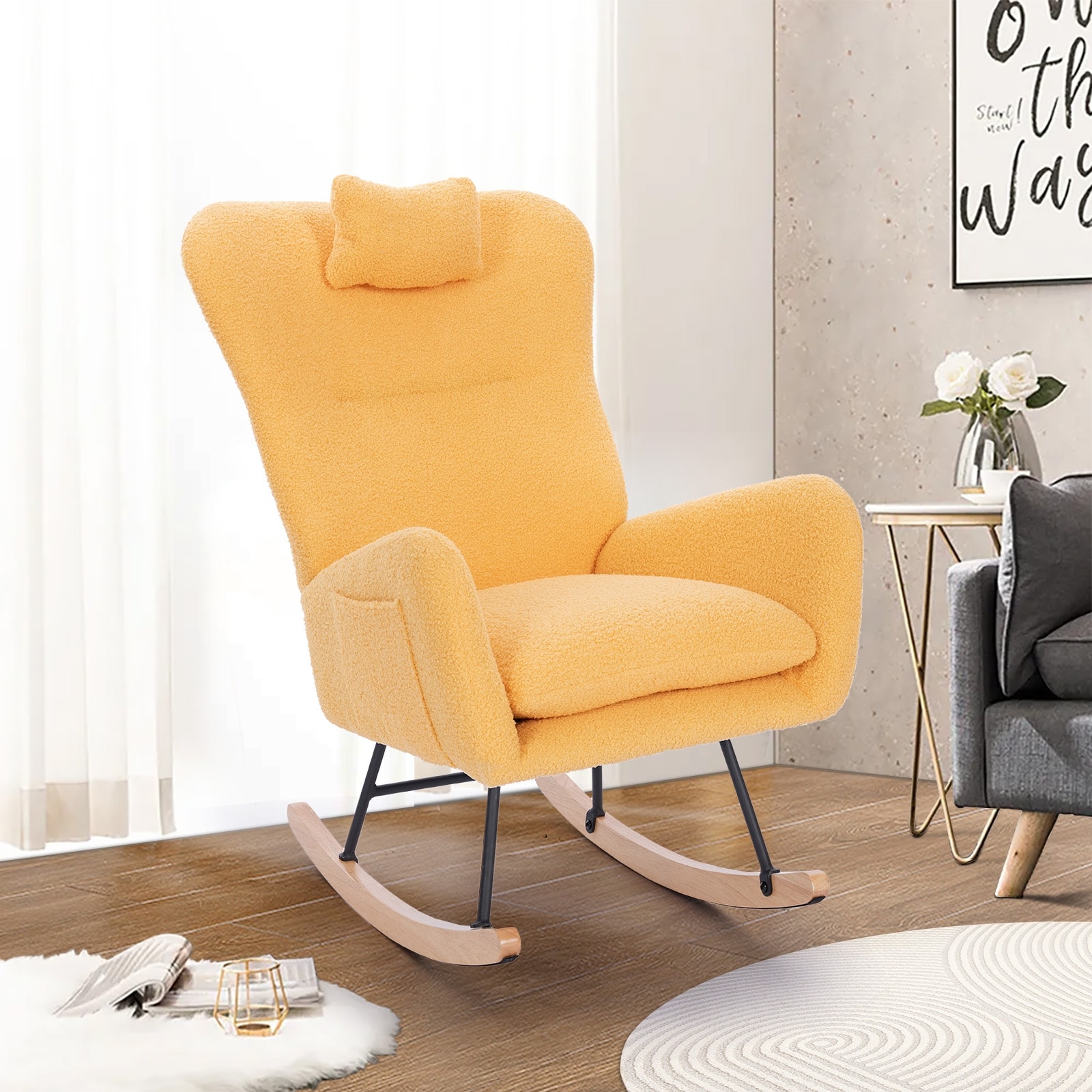 Rocking Chair, Modern Fabric Upholstered Nursery Glider Rocker with Curved  Wood Base and Side Pocket, Comfortable High Back Armchair Single Sofa Chair  with Removable Cushion for Living Room, Yellow 