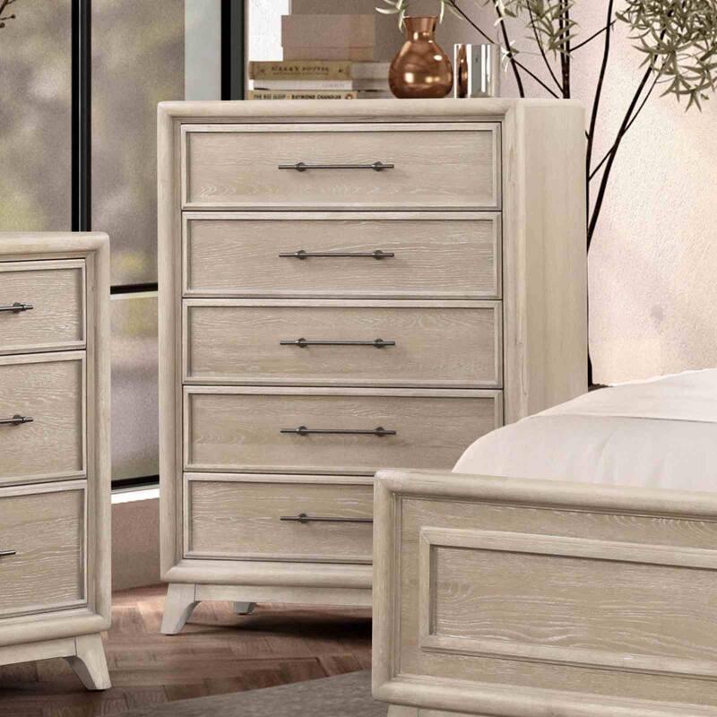 Modern Oak Finish Bedroom Furniture Set with Upholstered Headboard Bed