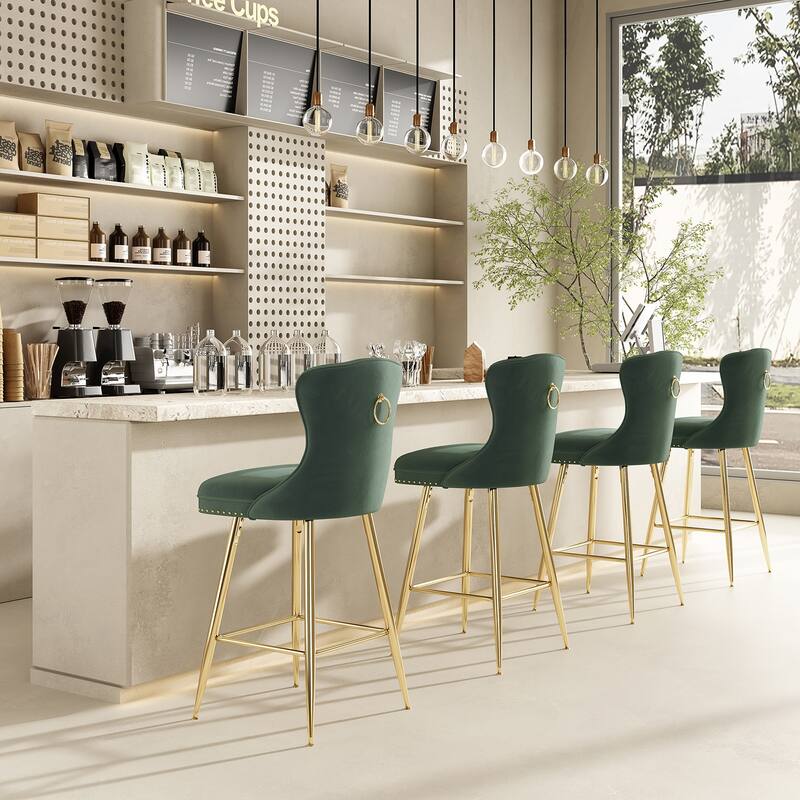 Bar Stools Set Of 2, Velvet Counter Height Bar Stools With Metal Legs, Button Tufted And Nailheads Trim