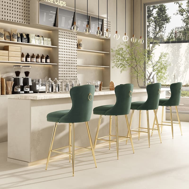 Bar Stools Set of 2, Velvet Counter Height Bar Stools with Metal Legs, Button Tufted and Nailheads Trim, Wing-Back Bar Chairs