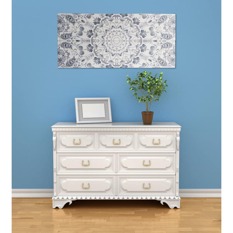 "Gray Medallion" Watercolor Print on Planked Wood Wall Art
