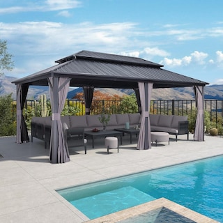 PURPLE LEAF Gazebo Outdoor Gazebo with Dual-Layer Galvanized Steel Double Roof Aluminum Gazebo with Netting and Curtains Grey