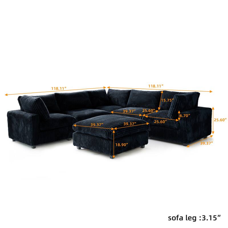 Modular Sectional Couch, Convertible V Shaped Sofa for Living Room, 5 Seat Comfy Modular Sofa With Chaise Ottoman