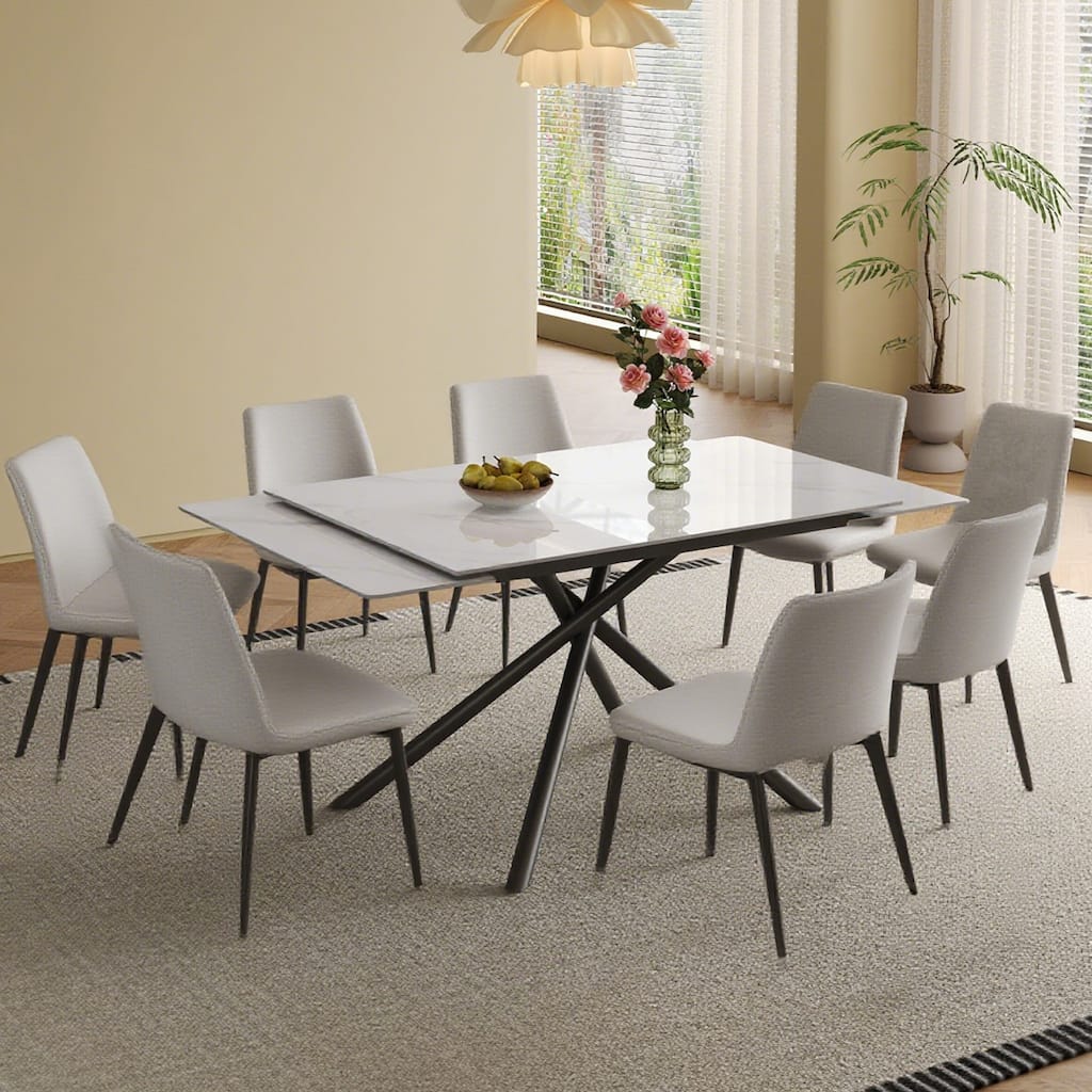 8 Dining Chairs Coffee Chairs Dining Sets, White Extendable Dining Table Coffee Table with Cross-Legs