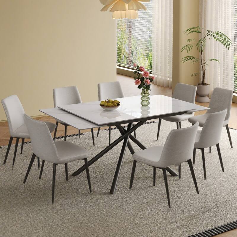 Retractable Sintered Stone Dining Table Set,steel table legs and a cross-leg structure at the bottom(Table + 8 Chairs) - White