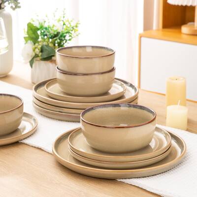 Stoneware Dinnerware Sets,Round Reactive Glaze Plates and Bowls Set,Highly Chip and Crack Resistant