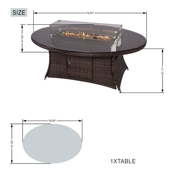 dimension image slide 1 of 2, Modern 7-piece Aluminum Fire Pit Table with with 6 Woven PE Chairs