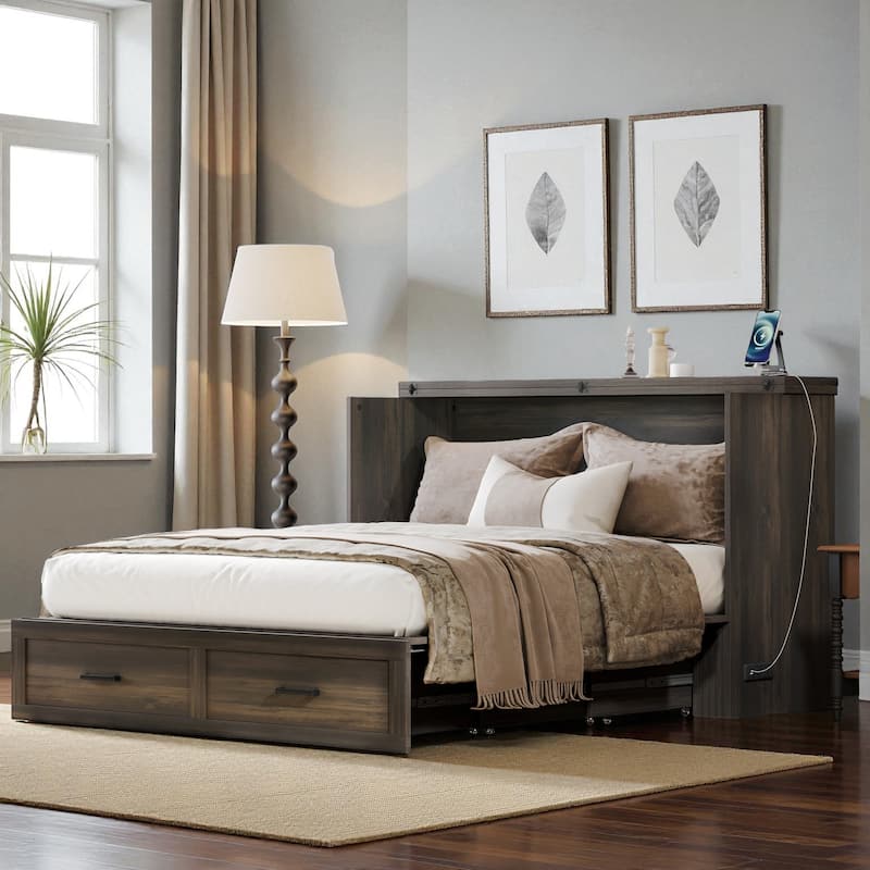 Queen Farmhouse Murphy Cabinet Bed with Charging Station and Large Storage Drawer, Foldable Space-Saving Platform Bed