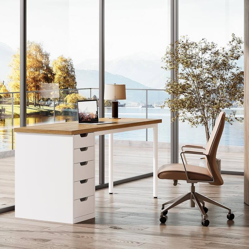 Modern Computer Desk with 5 Reversible Drawers, Storage Home Office Desk, PC/Laptop Desk, Study Writing Table Workstation