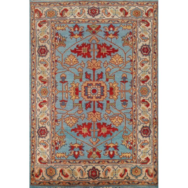 Light Blue Floral Oushak Oriental Rug Hand-Knotted Wool Carpet - 3'11" x 5'10"
