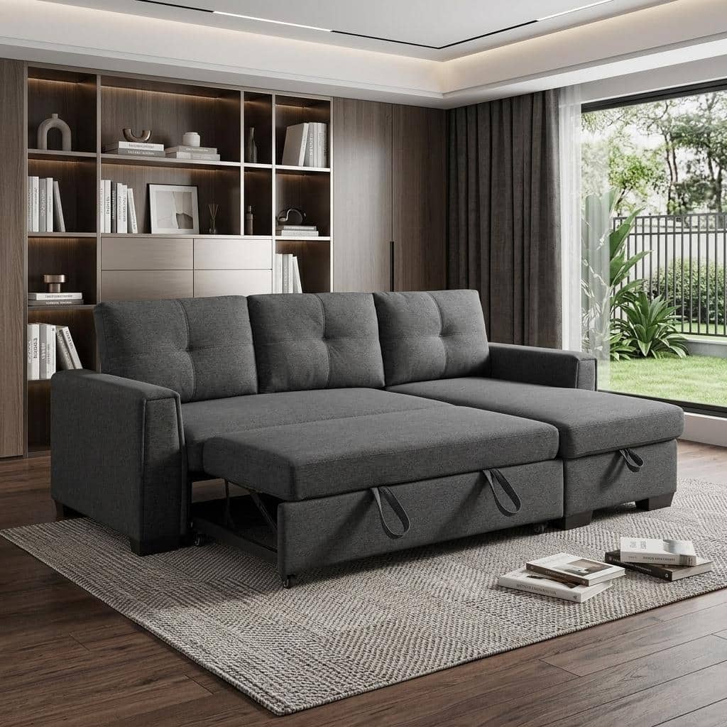 HomeRoots 92" Dark Gray Polyester Blend Convertible Futon Sleeper Sofa With Black Legs
