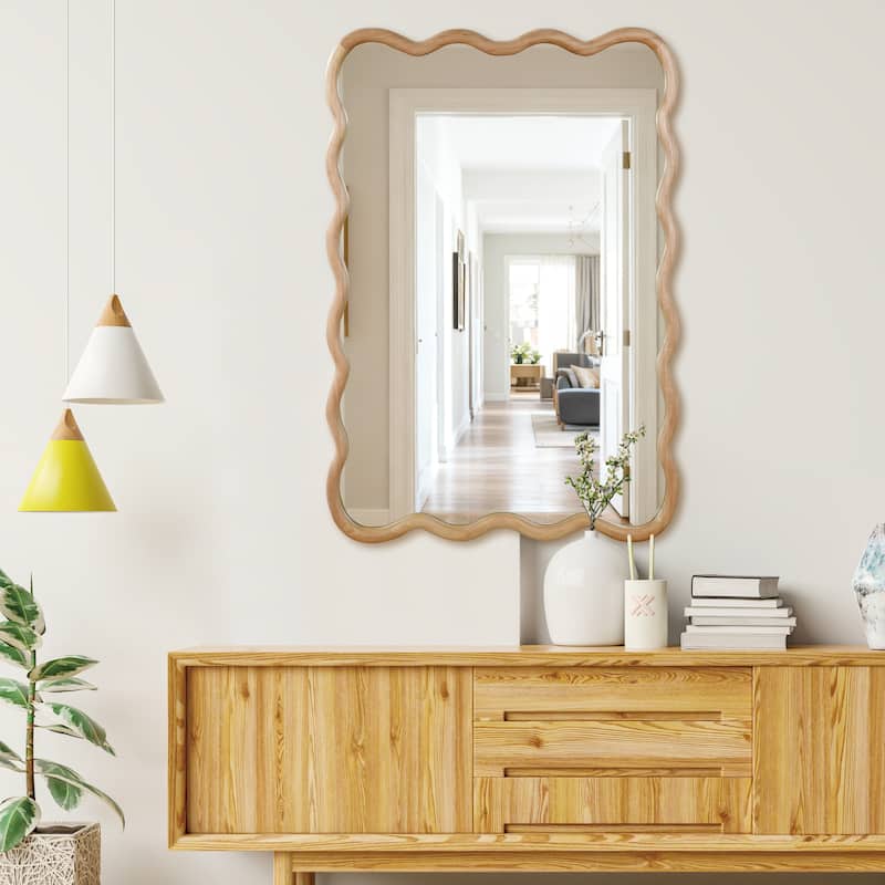 24"x 36" Wavy Rectangle Solid Wood Frame Decorative Mirror,For Bedroom, Bathroom, Living Room, Entryway - Natural Wood