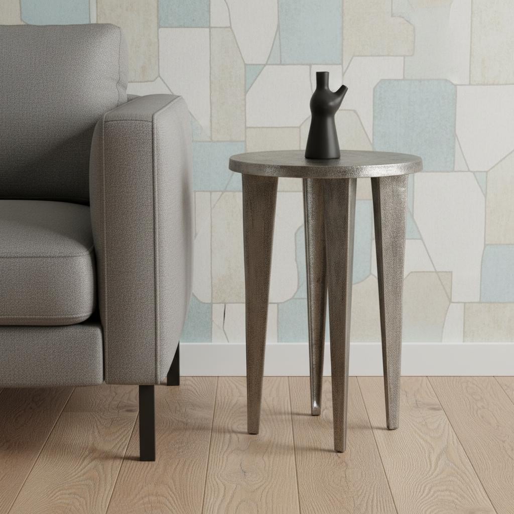 HomeRoots 21" Silver Distressed Aluminum Round End Table - 13.50 in. x 20.50 in. x 13.50 in.