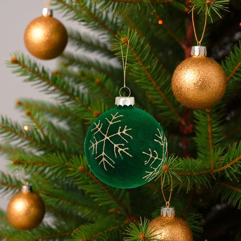 4ct Green Flocked Glass Ball Christmas Ornaments Gold Snowflakes 3"