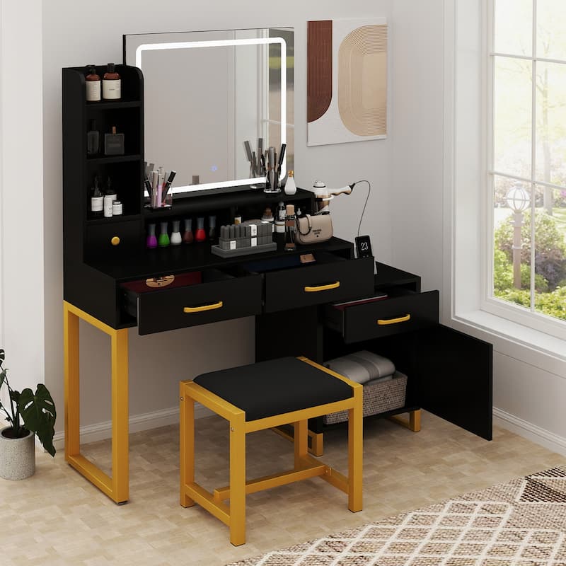 Vanity Desk Makeup Table Light Strip Mirror Dressing - 35.4"L x 15.7"W x 53.5"H - Black LED strip