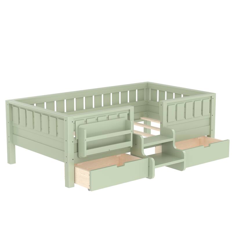 Full/Twin Loft Bed with Storage Drawers, Safety Staircase & Rails