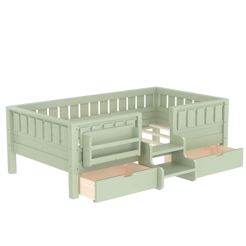 Multiple Colors Toddler Montessori Bed Children's Platform Bed with Low Profile Stairs, Built-in Bookshelf and Storage Drawers