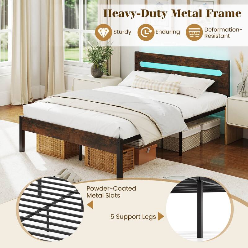 Costway Full Size Bed Frame with Built-in Charging Station Sturdy