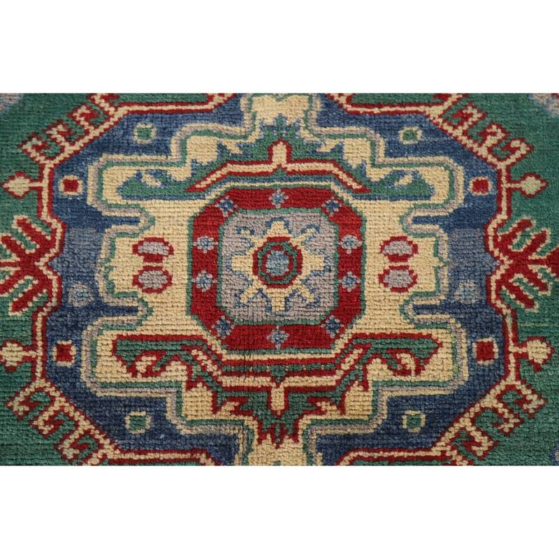 Hand Knotted Oriental 100% Wool Carpet Traditional Geometric Green Kazak Area Rug - 9' 9'' X 6' 7''