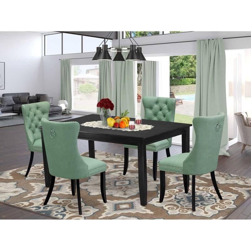 5-Piece Black Finish Solid Wood Top-Rectangular Upholstered Dining Room Set-Seats 4