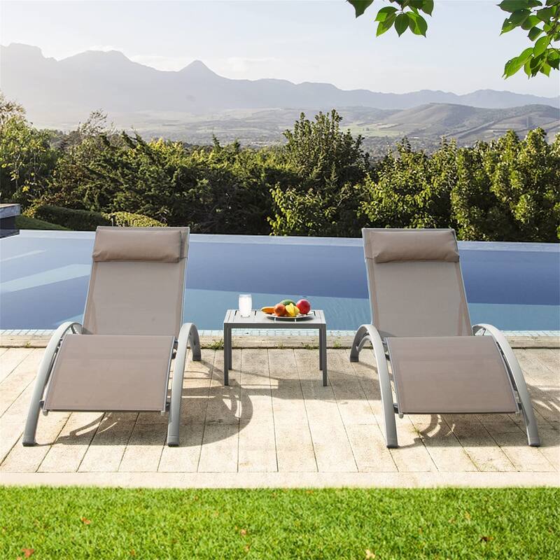 Adjustable Aluminum Chaise Lounge Chairs with Metal Side Table,Set of 3