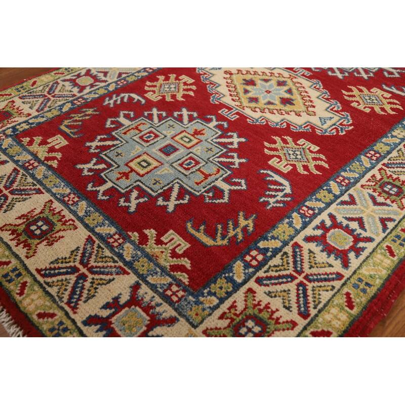Red Kazak Foyer Rug Handmade Geometric Wool Carpet - 2'9"x 3'11"