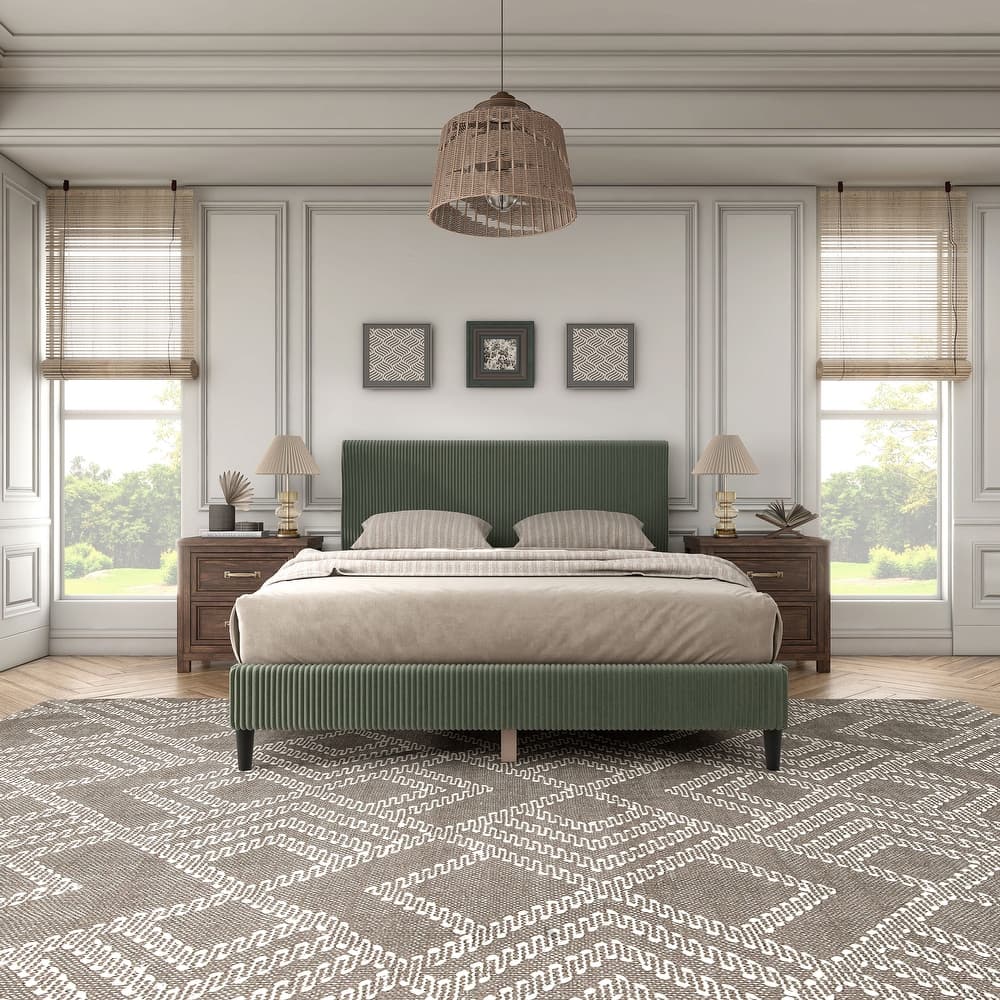 Furniture of America Modern Corduroy Queen Size Platform Bed, No Box Spring Needed