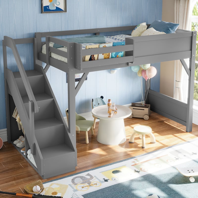 Full/Twin Loft Bed with Built-in Wardrobe, Storage & Stairs - Solid Wood, Full-Length Guardrails, No Box Spring - Grey - Twin