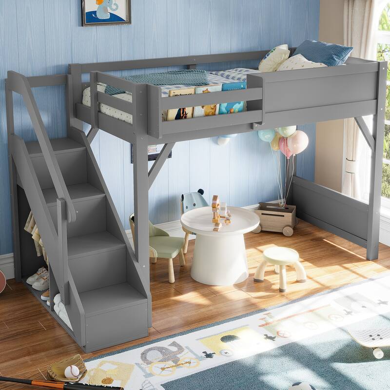 Roomfitters Loft Bed with Wardrobe and Storage Stairs, Solid Wood Frame with Bedside Shelves - Grey - Twin