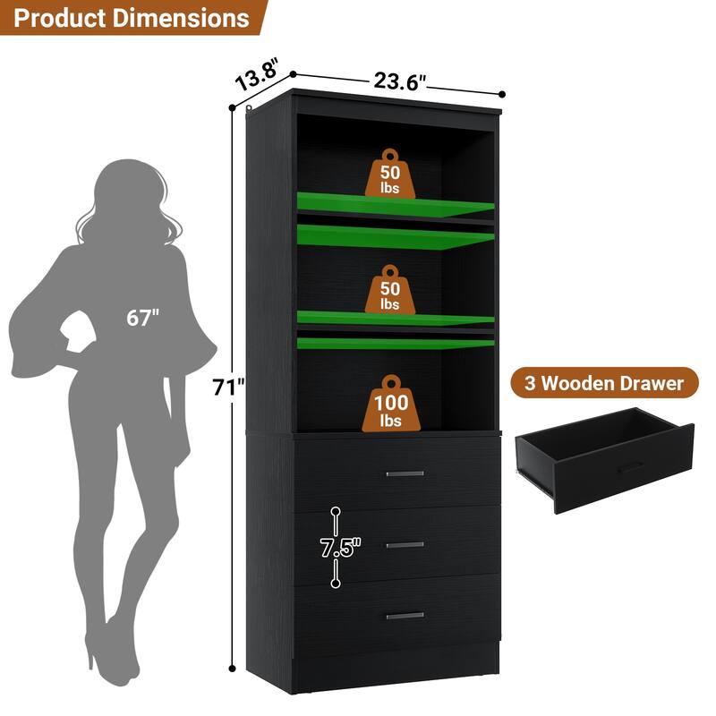 23.6" W Closet System with 3 Wooden Drawers and Storage Shelves, 2FT Sturdy Walk-in Organizer Storage Unit