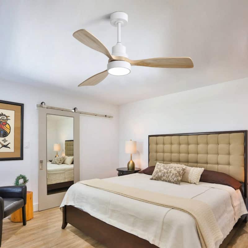 48 Inch Modern Ceiling Fan With Lights 3 Wood Fan Blade Noiseless Reversible Motor Remote Control - White