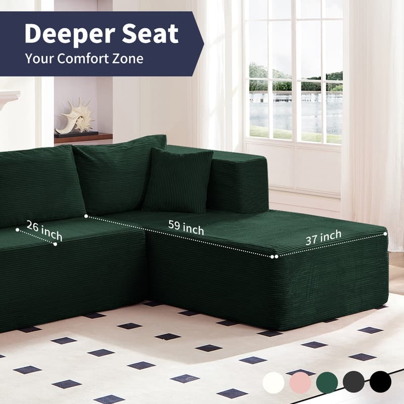 Mixoy W106'' Modern 2-Piece Free Combination Corduroy Upholstered L-Shaped Modular Sectional Sofa with Right Chaise and Pillow