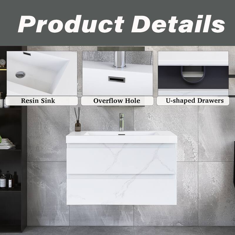 Floating Bathroom Vanity Integrated White Resin Sink