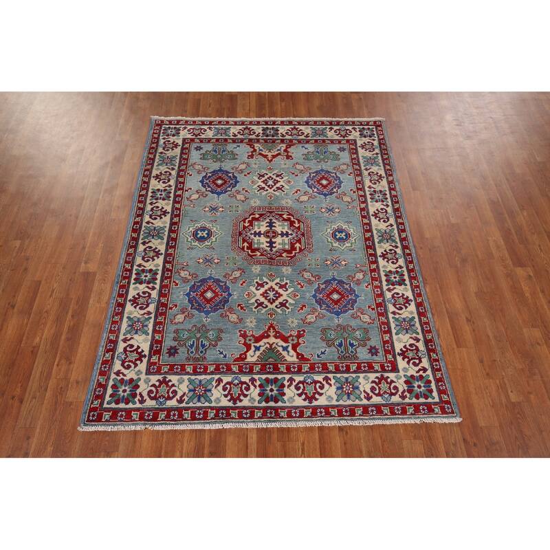 Blue Geometric Kazak Oriental Area Rug Hand-Knotted Wool Carpet - 5'0" x 6'6"
