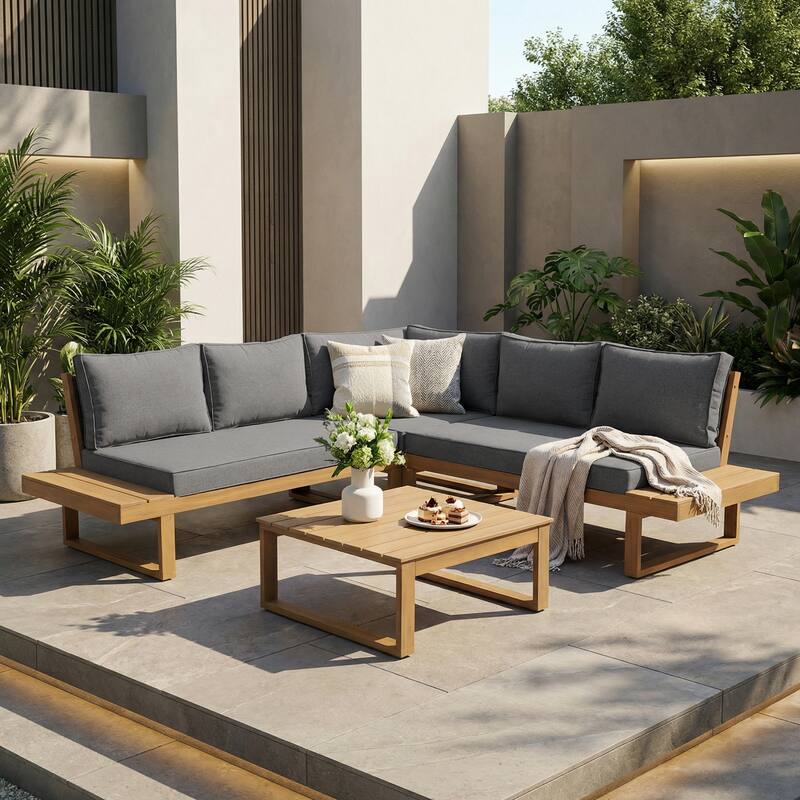 Outdoor 4 pieces V-Shaped Acacia Wood Sectional Sofa Set - Grey