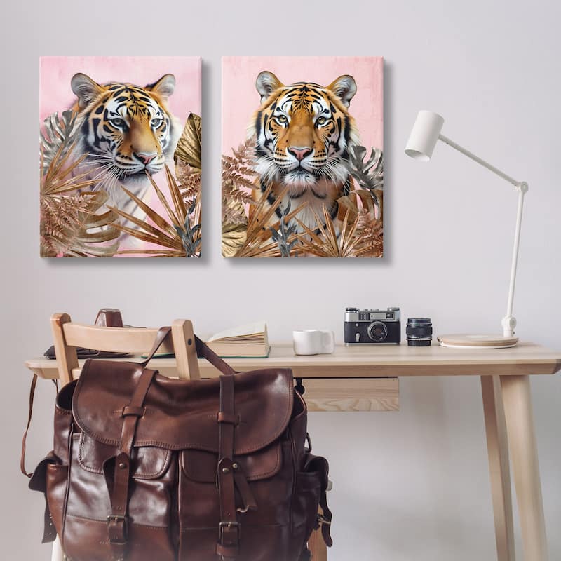 Stupell Fierce Tigers & Gold Leaves Canvas Wall Art Design By Kim Allen (Set of 2)
