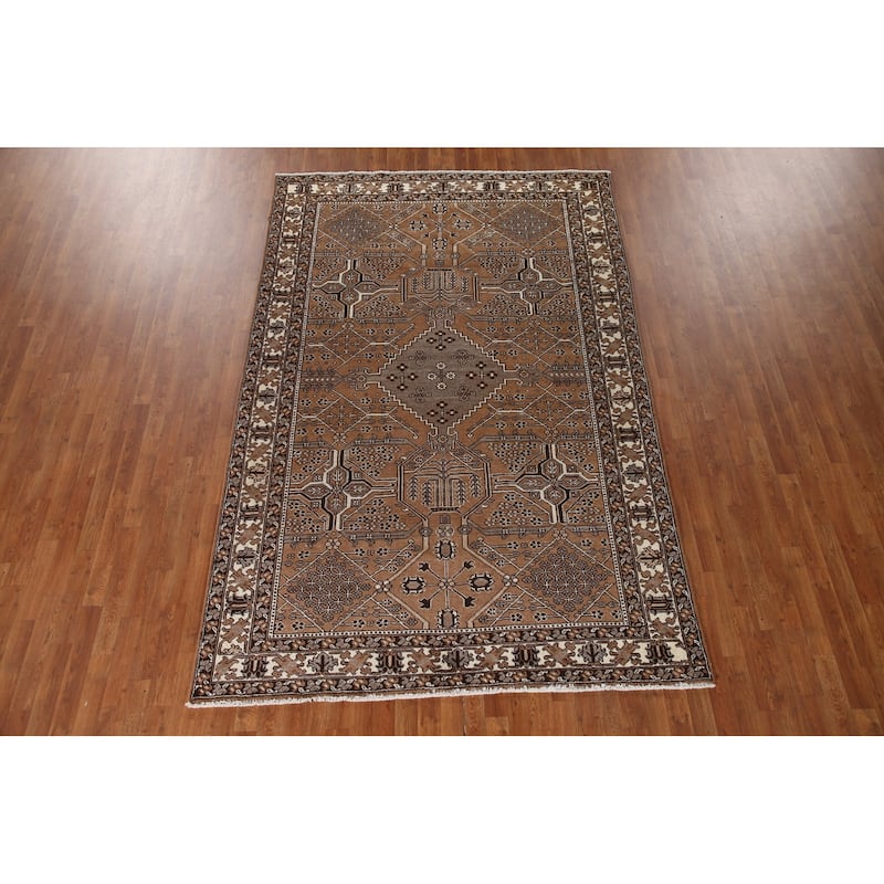 Geometric Brown Bakhtiari Persian Vintage Rug Handmade Wool Carpet - 6'5"x 9'11"